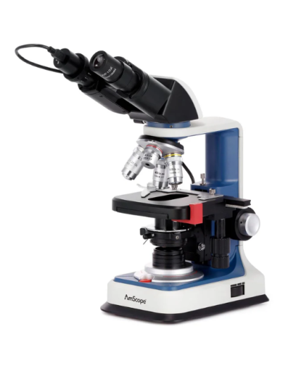 AmScope USB-C Rechargeable Binocular Compound Microscope 40X-2500X with 5mp eye-piece camera