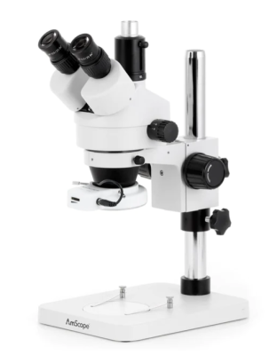AmScope SM-1T Series Trinocular Zoom Stereo Microscope 7X-45X Magnification with 144 LED Compact Ring Light and 5MP USB 2.0 C-mount Camera on Pillar Stand