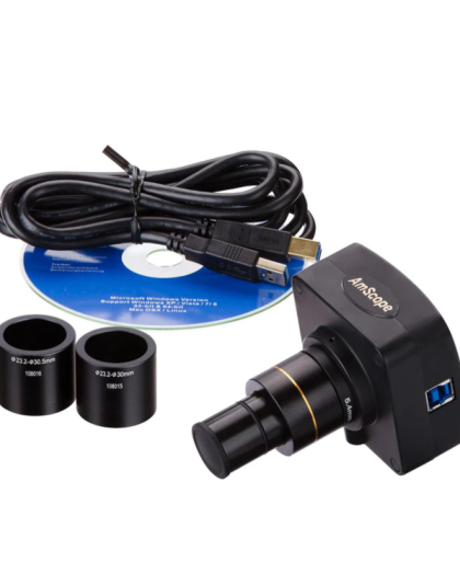 AmScope SM-4 Series Zoom Trinocular Stereo Microscope 7X-45X Magnification on Black Double Arm Boom Stand