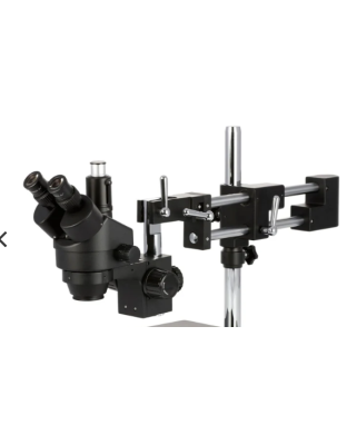 AmScope SM-4 Series Zoom Trinocular Stereo Microscope 7X-45X Magnification on Black Double Arm Boom Stand