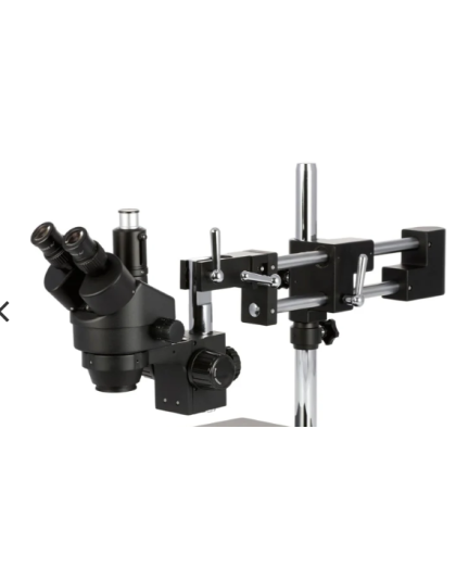AmScope SM-4 Series Zoom Trinocular Stereo Microscope 7X-45X Magnification on Black Double Arm Boom Stand