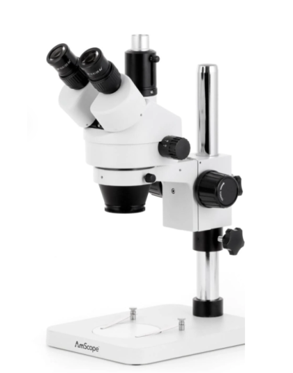 AmScope SM-1 Series Zoom Trinocular Stereo Microscope 7X-45X Magnification on Pillar Stand with 144LED Ring light, in stock, special