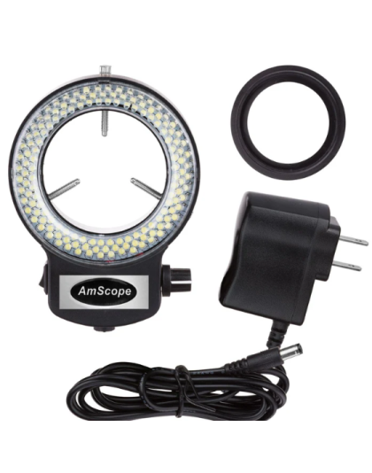 AmScope SM-1 Series Zoom Trinocular Stereo Microscope 7X-45X Magnification on Pillar Stand with 144LED Ring light and digital screen, in stock