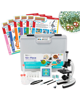 IQCrew By AmScope 120X-1200X Magnification 52-pcs Kids Beginner Compound Microscope STEM Kit with Metal Body Microscope, Plastic Slides, LED Light, Carrying Box and Experiment Cards
