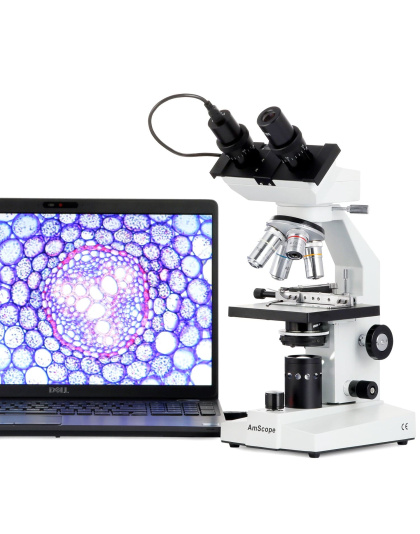 AmScope B100 Series Biological Binocular Compound Microscope 40X-2000X Magnification with LED, Mechanical Stage and 1MP Camera