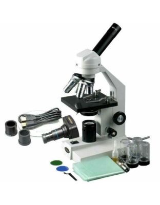 AmScope M500 Series Biological Student Cordless Monocular Compound Microscope 40X-2500X Magnification with LED, Mechanical Stage and 1.3MP Camera