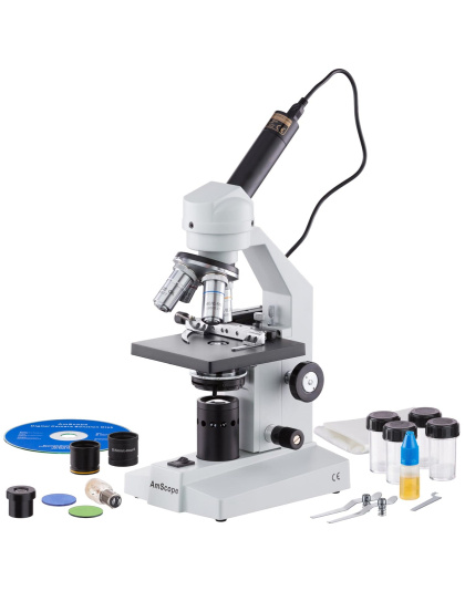 AmScope M500 Series Biological Student Cordless Monocular Compound Microscope 40X-2500X Magnification with LED, Mechanical Stage and USB Digital Eyepiece Camera