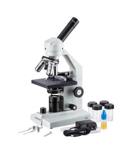 AmScope M500 Series LED Student Monocular Compound Microscope 40X-1000X Magnification with Mechanical Caliper