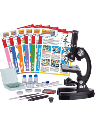 IQCrew By AmScope KIDS Series 48pc Metal Arm Educational Starter Biological Monocular Compound Microscope Black Kit 120X-1200X Magnification Experiment Cards
