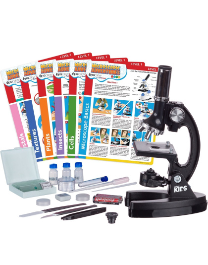 IQCrew By AmScope KIDS Series 48pc Metal Arm Educational Starter Biological Monocular Compound Microscope Black Kit 120X-1200X Magnification Experiment Cards